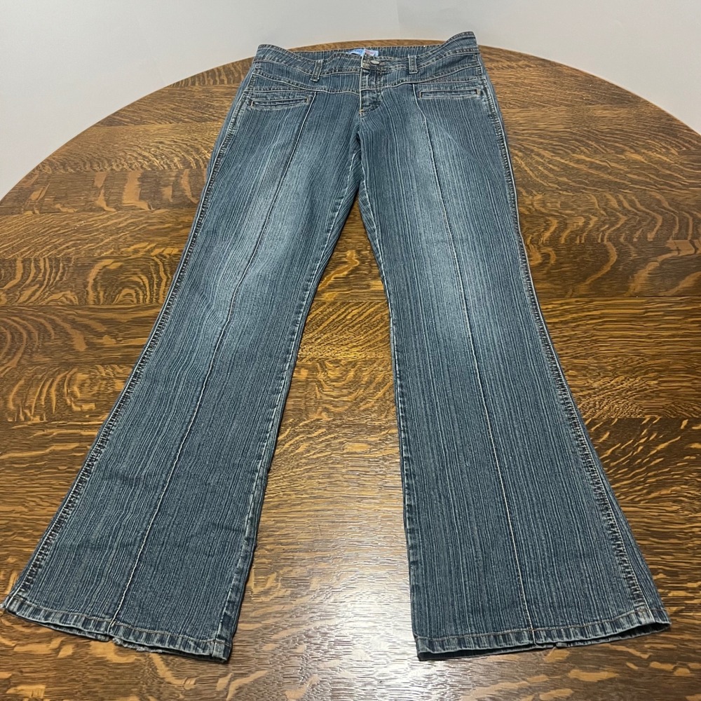 Apollo Jeans Flare Pants Womens 31x31 9/10 Blue Striped Wash Y2K Slit Hem Denim